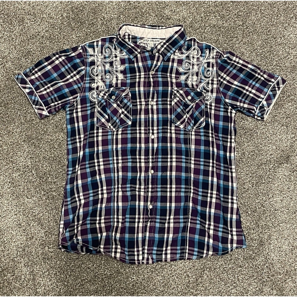 Pila Design Western Pearl Snap Button Up Shirt Men's XL Blue Plaid Embroidered